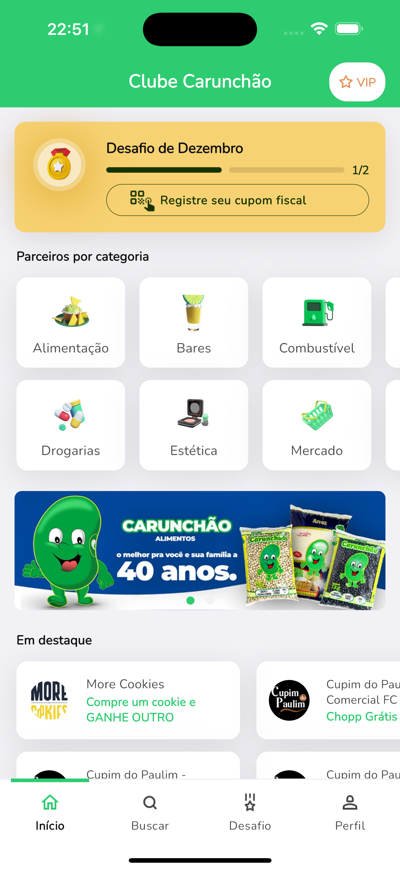 Tela inicial original do Clube Carunchão, com desafio de dezembro, categorias e parceiros